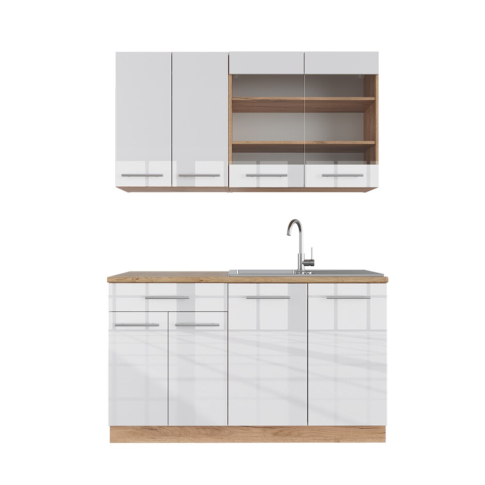 Vicco Küchenzeile Küchenblock Einbauküche Fame-Line Single Eiche Weiß 140 cm modern Küchen Schränke Spülenunterschrank Schubunterschrank Hängeschrank Hängeglasschrank Hochglanz