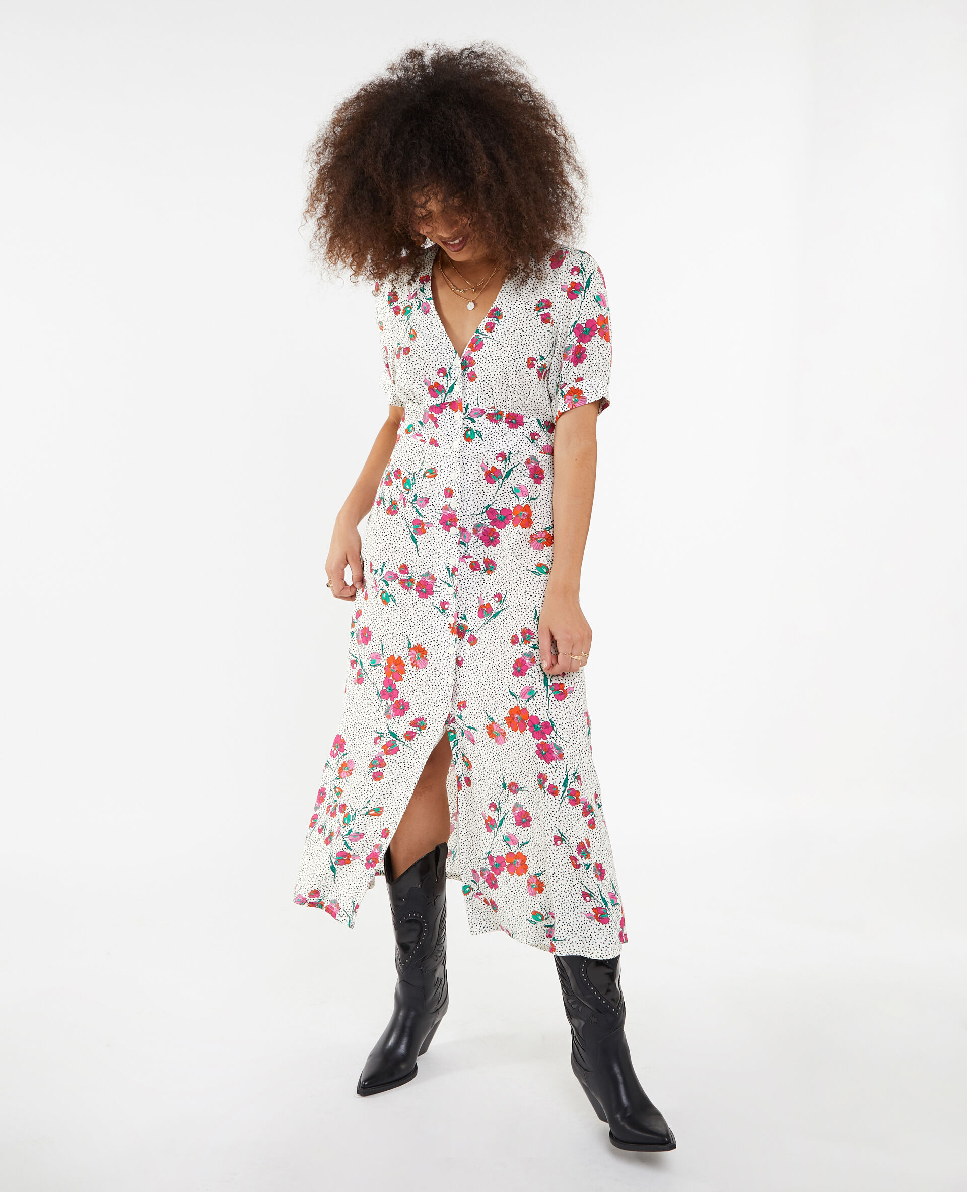 Robe longue boutonnée motif cœurs et fleurs - Blanc