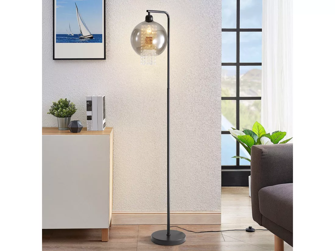 Lampadaire Intérieur 1 Flamme E27 Gris Fumé Lampadaire Grand Cristal Pour Bureau Canapé