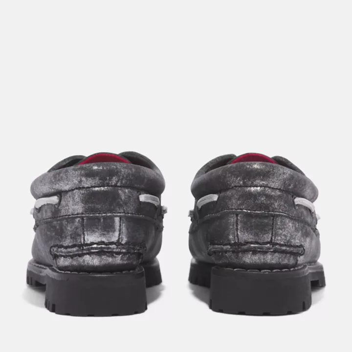 Chaussure bateau Noreen cousue main à 3 œillets pour femme en noir