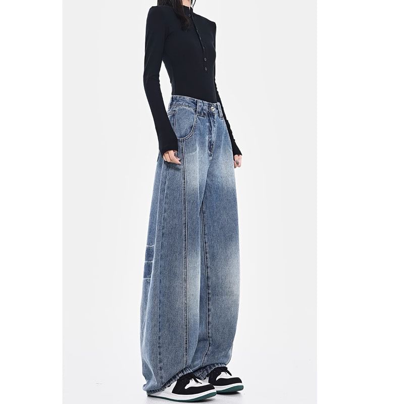 Klevy - Mid Waist Washed Baggy Jeans