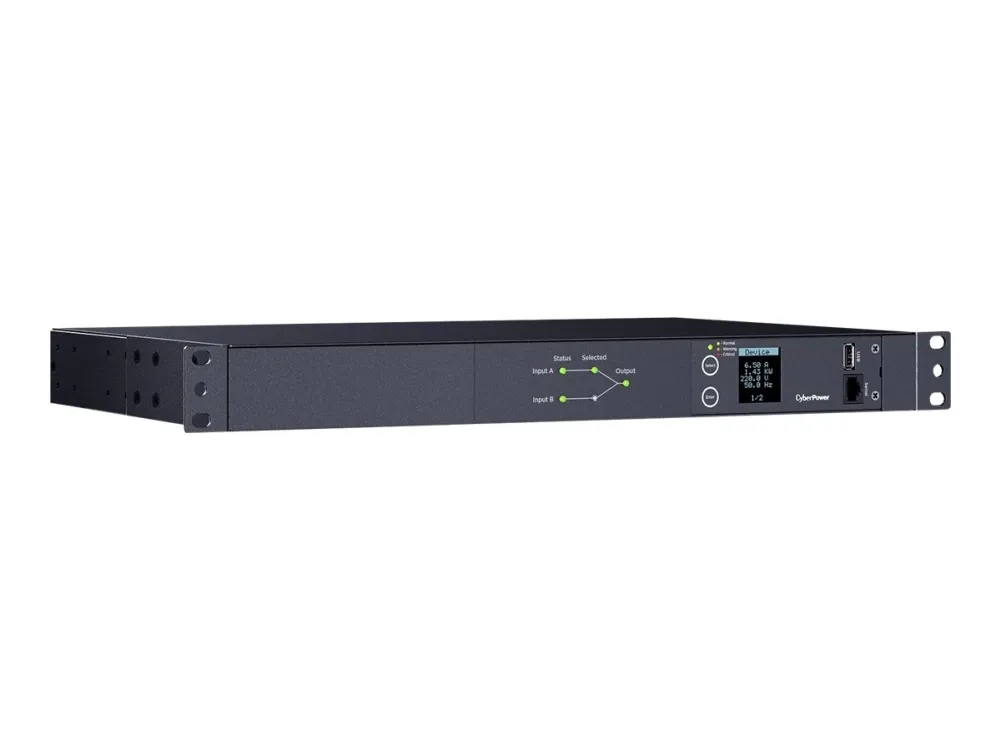 CyberPower Metered ATS Series PDU24005 - Strømfordelingsenhed (rackversion) - AC 200-240 V - 1-faset - serial - input: 2 x IEC 60320 C20 - output-stikforbindelser: 10 (2 x IEC 60320 C19, 8 x IEC 60320 C13) - 1U - 3.05 m ledning - sort