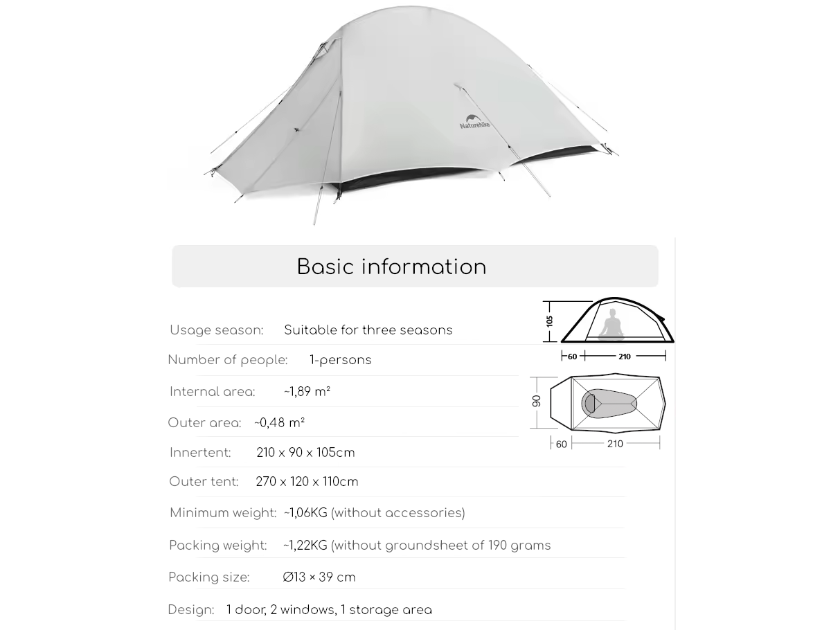 Naturehike Cloud Up 1 Ultra Light trekkerstent - White