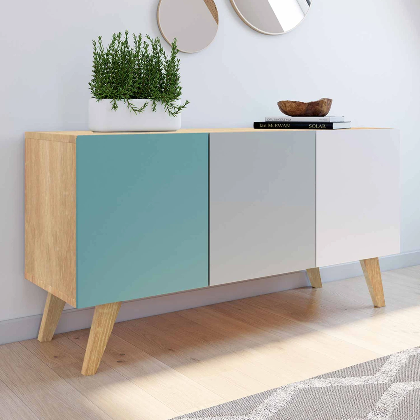 Buffet bas scandinave 113 cm ALICE 3 portes bleu, gris et blanc