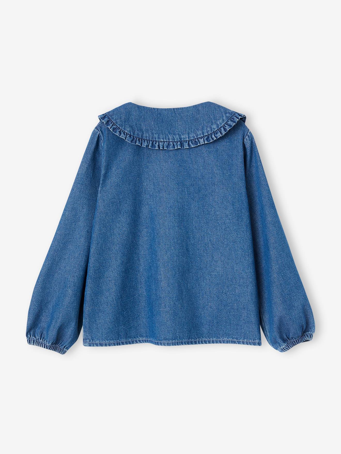 Blusa jeans com gola Peter Pan grande e babado para meninas (cor pedra)