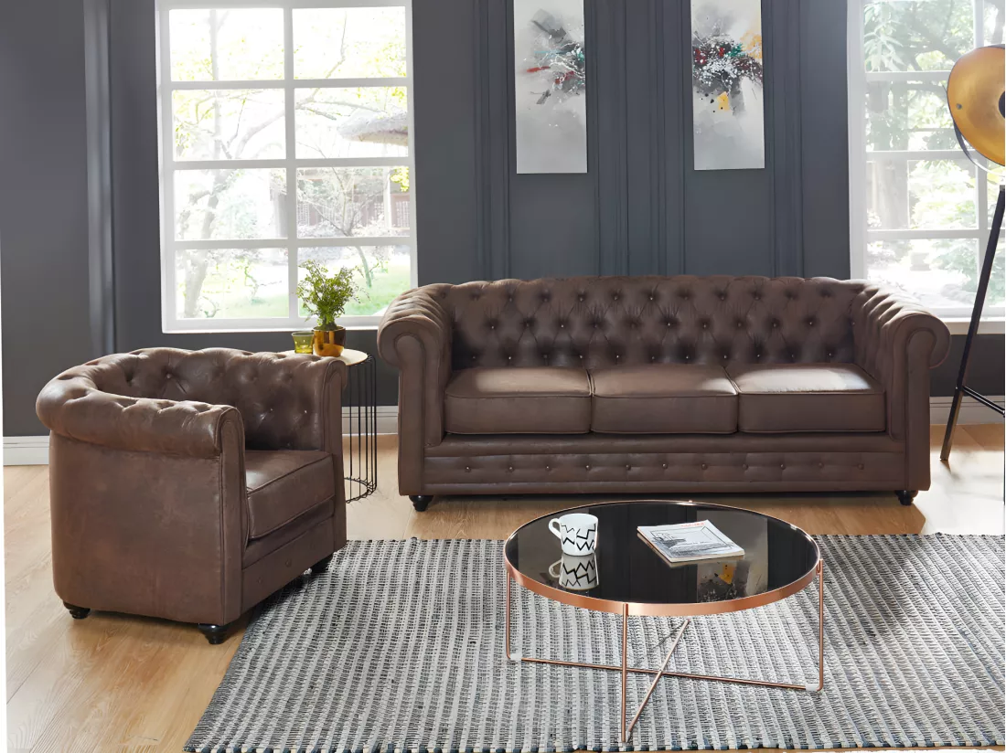 Canapé 3 places et fauteuil CHESTERFIELD en microfibre aspect cuir vieilli