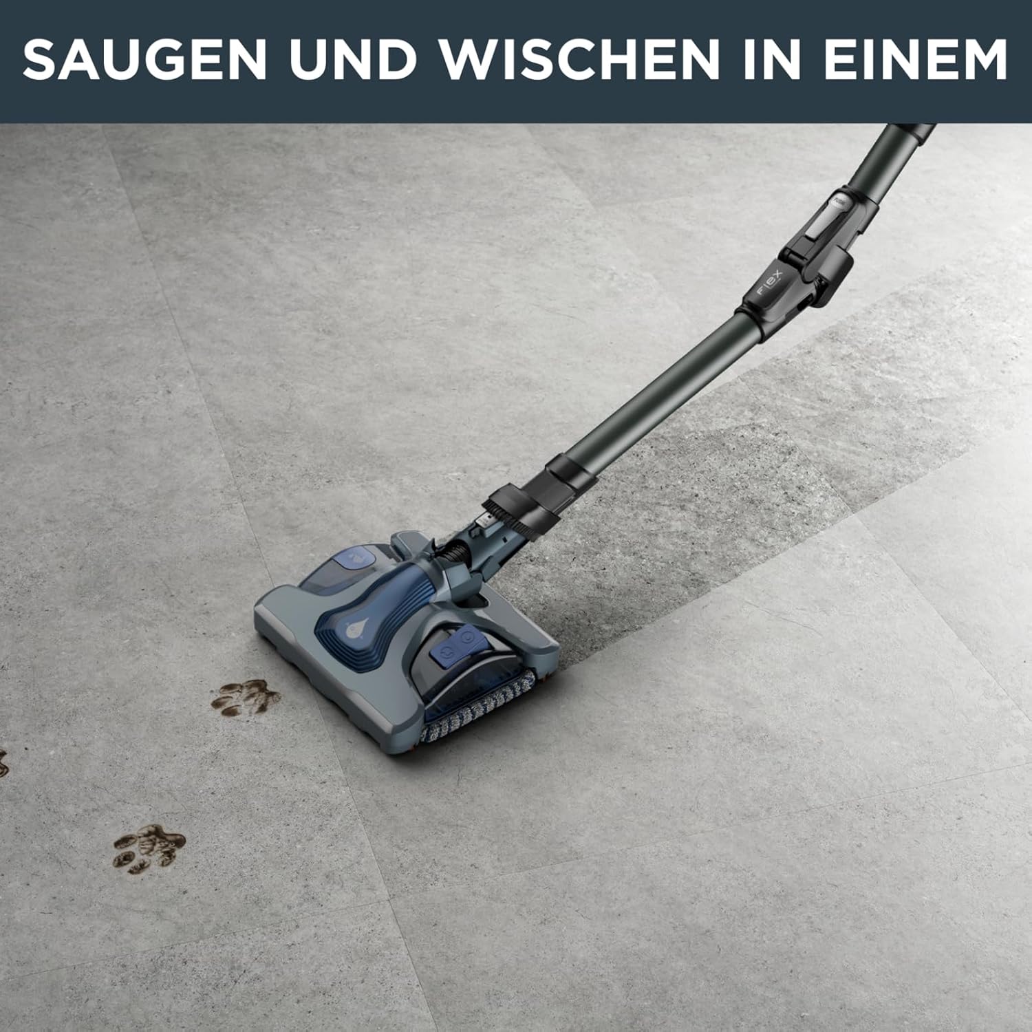 Rowenta X-Force Flex 12.60 Aqua kabelloser Akku-Stabstaubsauger, 150 Air Watt, bis zu 45 Min. Laufzeit, 2-in-1 Reinigung, inkl. Aqua Düse, Flex-Gelenk, LED-Düse, Blau-Schwarz, RH98C8