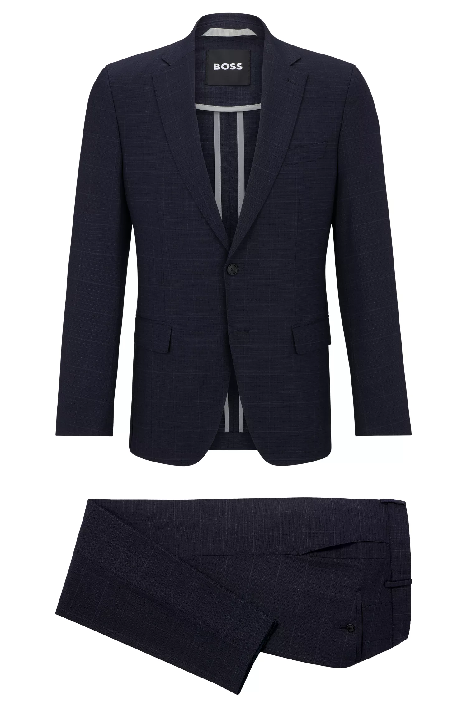 Terno BOSS preto slim-fit em tecido xadrez de alta performance com elasticidade.
