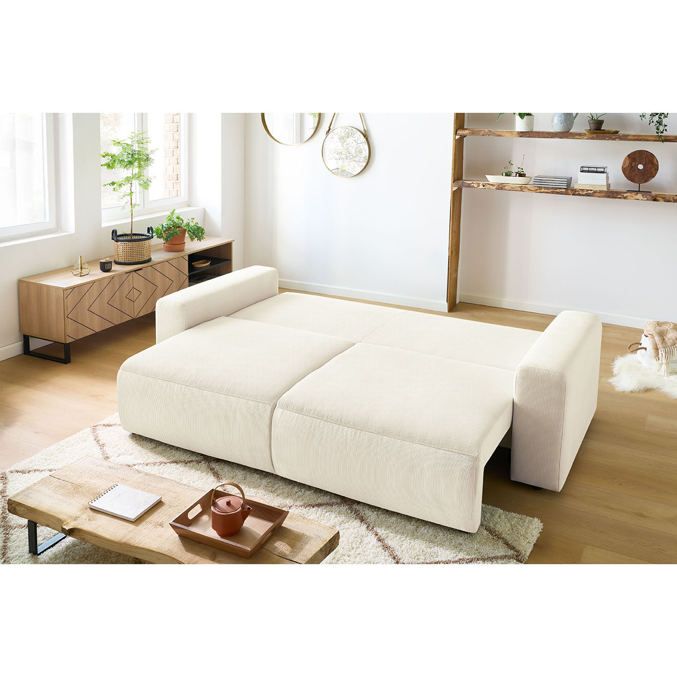 Bobochic Canapé 3 places convertible velours côtelé Envy beige - 245x102x88 cm