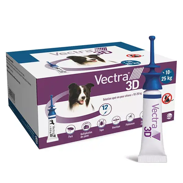 Solução spot-on Vectra® 3D para cães com peso superior a 10–25 kg, 12 pipetas.