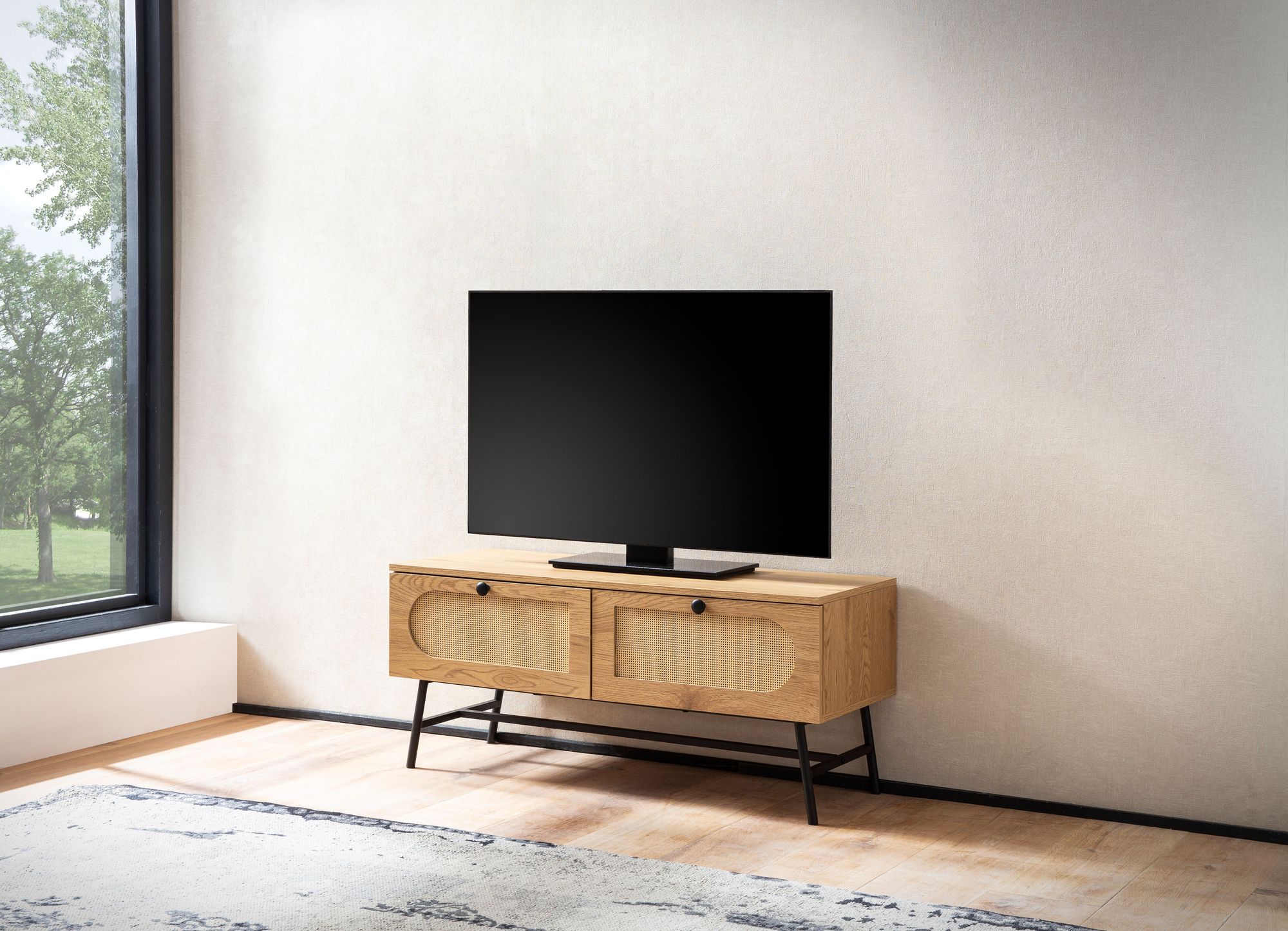 Lowboard FineBuy Fernsehkommode 100 cm TV Schrank Schublade Rattan Stauraum