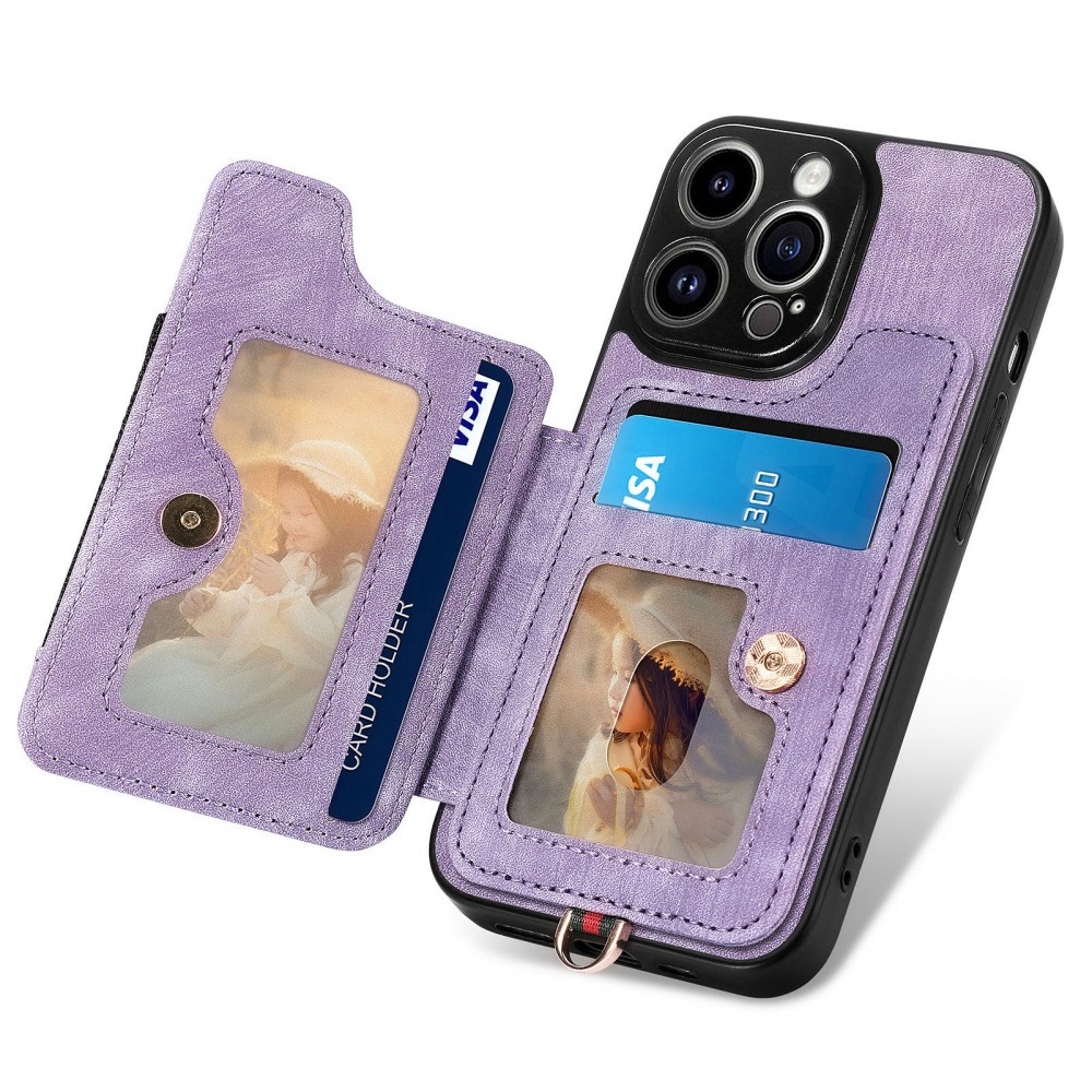 iPhone 14 Pro Necklace Leder Hülle mit Kartenfächer   Finger Griff Halterung   Handykette (RFID Schutz) - Lila