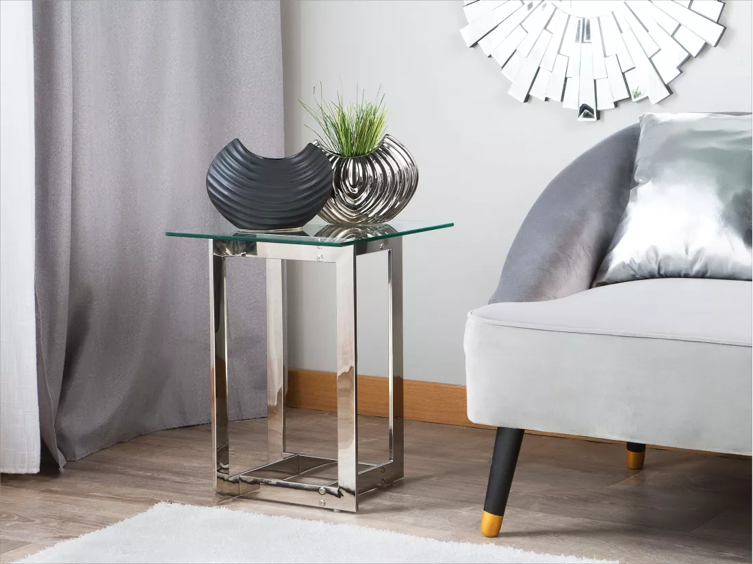 Table appoint argentée avec plateau en verre CRYSTAL
