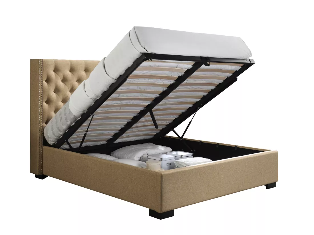 Lit coffre 180 x 200 cm avec tête de lit capitonnée - Tissu - Beige - MASSIMO