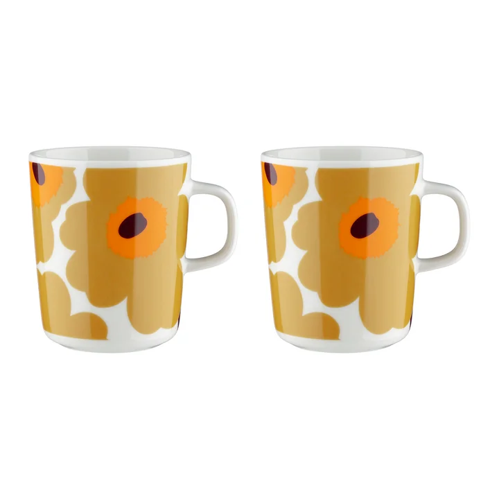 Marimekko - Oiva Unikko Becher mit Henkel, 250 ml, weiss / caramel / warm orange (2er-Set)