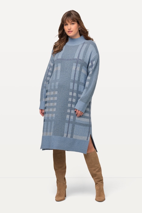 Strickkleid, Karo, Stehkragen, Langarm, Wollanteil