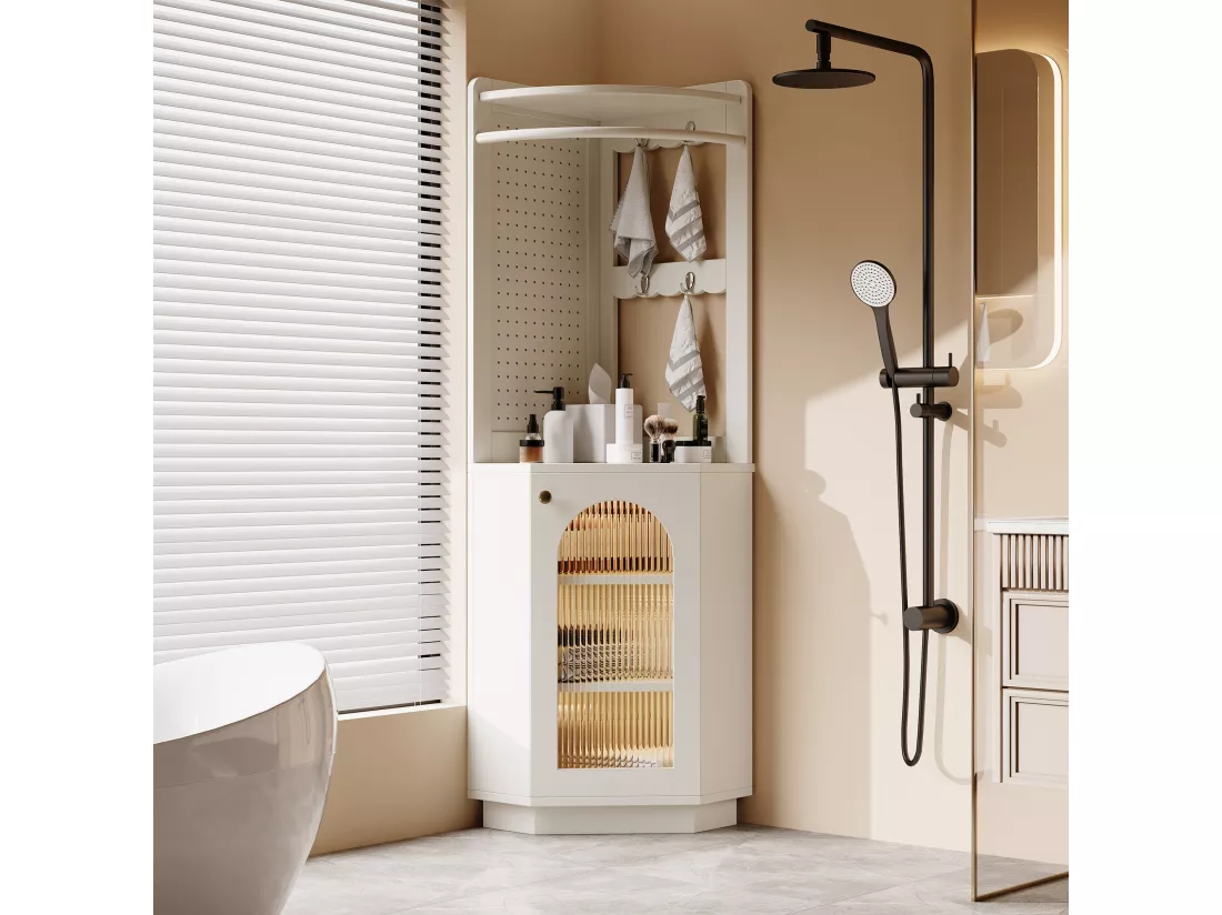 Colone d'angle de salle de bain - avec 1 porte - avec crochet - avec LED - étagères réglables - Blanc