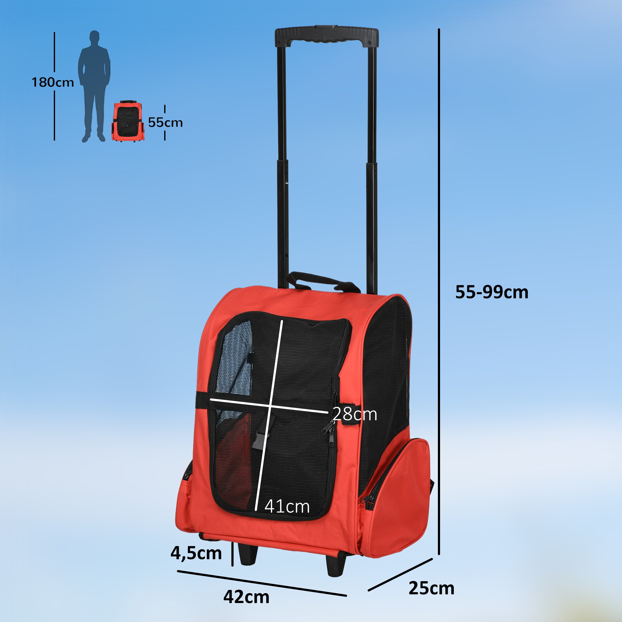 PawHut 2 in 1 Hundetasche als Trolley oder Rucksack verwendbar rot-schwarz 35 x 27 x 49 cm (LxBxH)