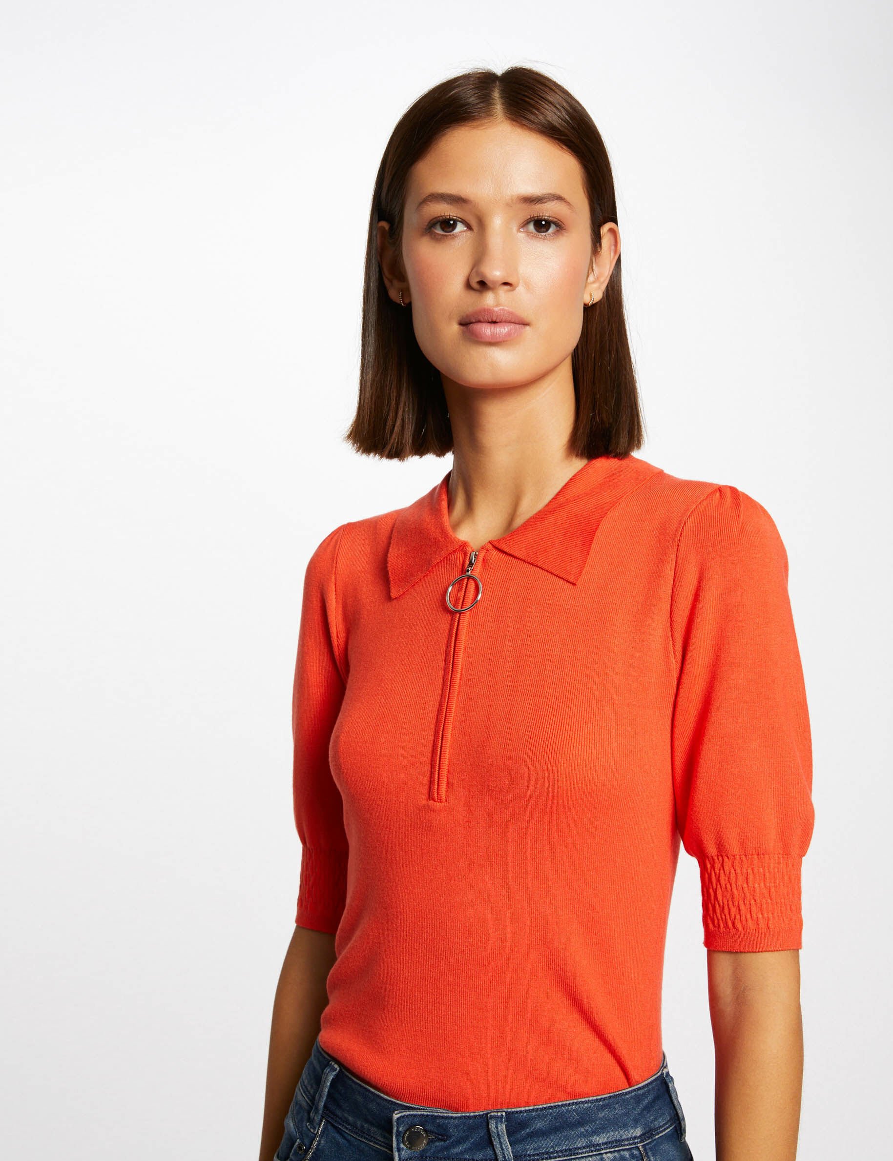 Pull manches courtes à col polo orange femme - orange