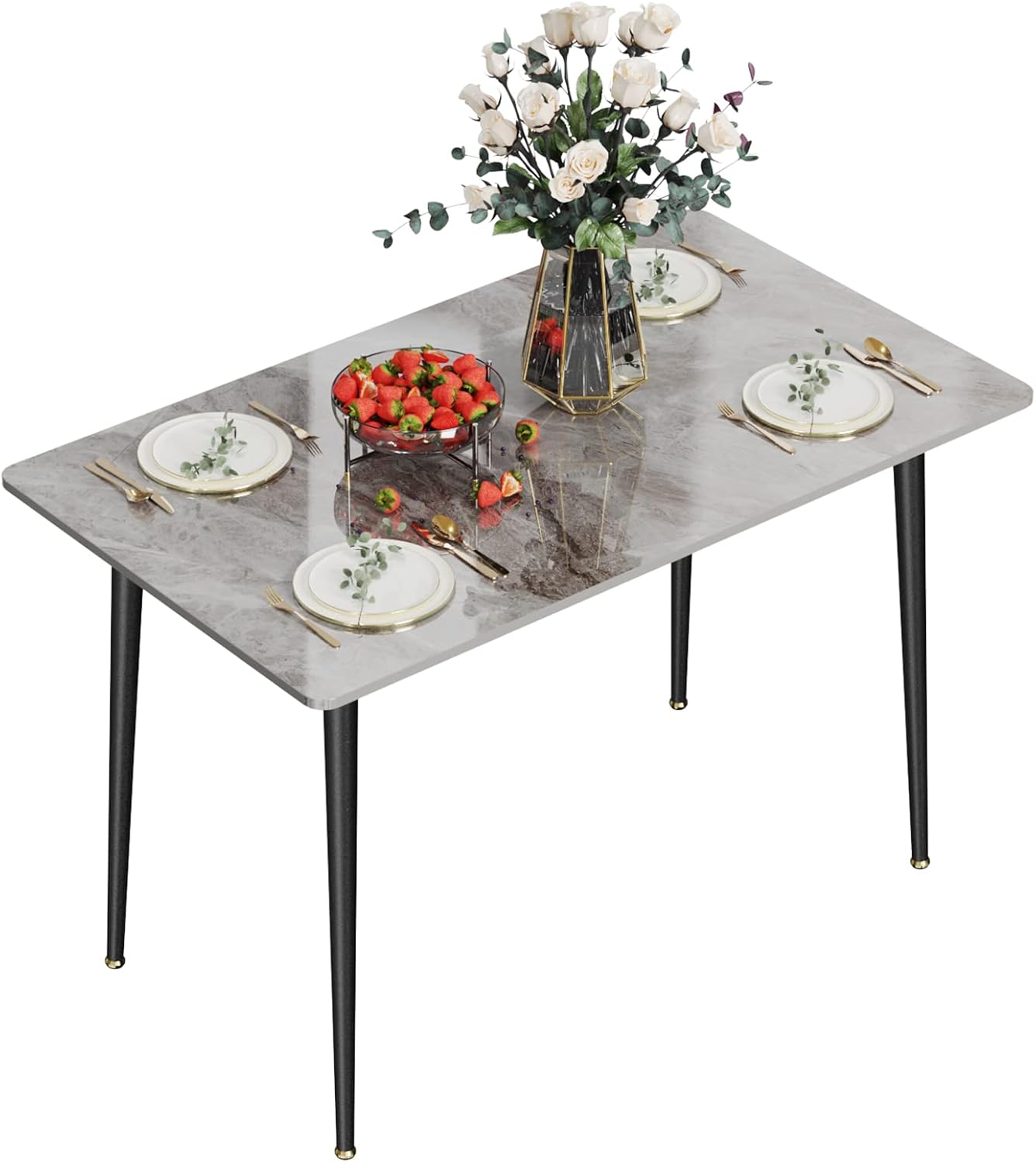 FATIVO Esszimmertisch Marmor Esstisch 120x70cm, Küchentisch klein 4 Personen schmaler Esstisch einfach Wohnzimmer Grau Hochglanz Skandinavisch Tische für Esszimmer Restaurant Metall Tischbeine