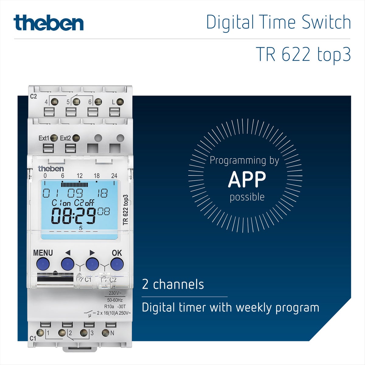 Theben 6220130 TR 622 top3 - digitale 2-kanaals tijdschakelklok met 2 externe ingangen en app-programmering, perfect voor LED's, tijdschakelaars