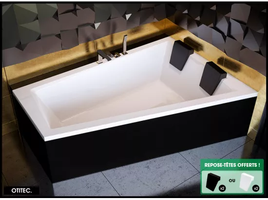 Baignoire Asymétrique avec Tablier Noir - 180 x 125 cm - DROITE - INTIMA DUO - 2 REPOSE-TÊTES OFFERTS