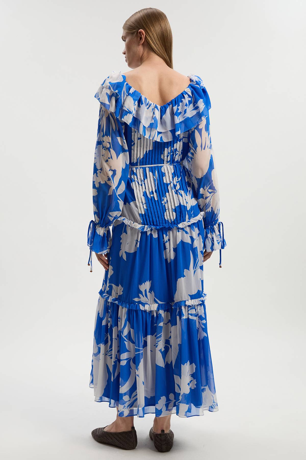 KarenMillen Robe Maxi Tissée en Georgette Imprimée à Volants