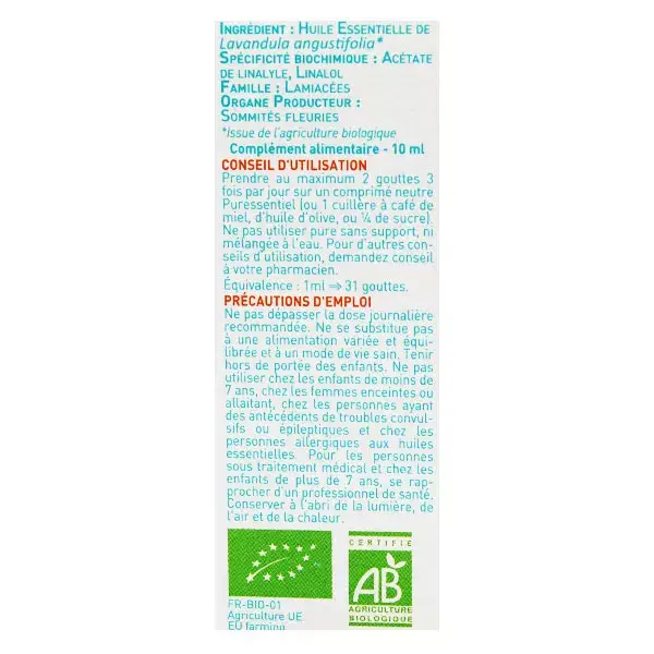 Óleo Essencial de Lavanda Verdadeira Orgânica Puressentiel 10ml