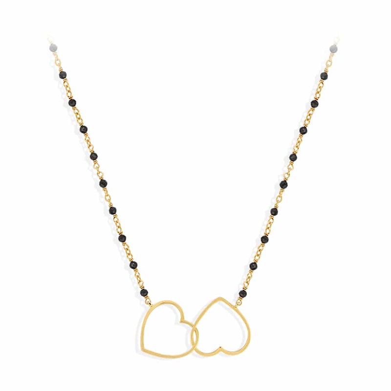 Collier Argent Doré Double Coeur Et Pierre Spinelle Noire