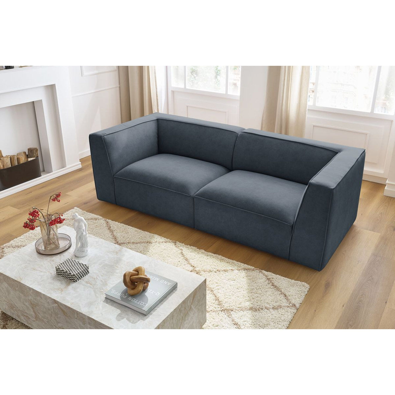 Bobochic Canapé droit fixe 3 places en Velours Molière gris foncé - 233x99x71 cm