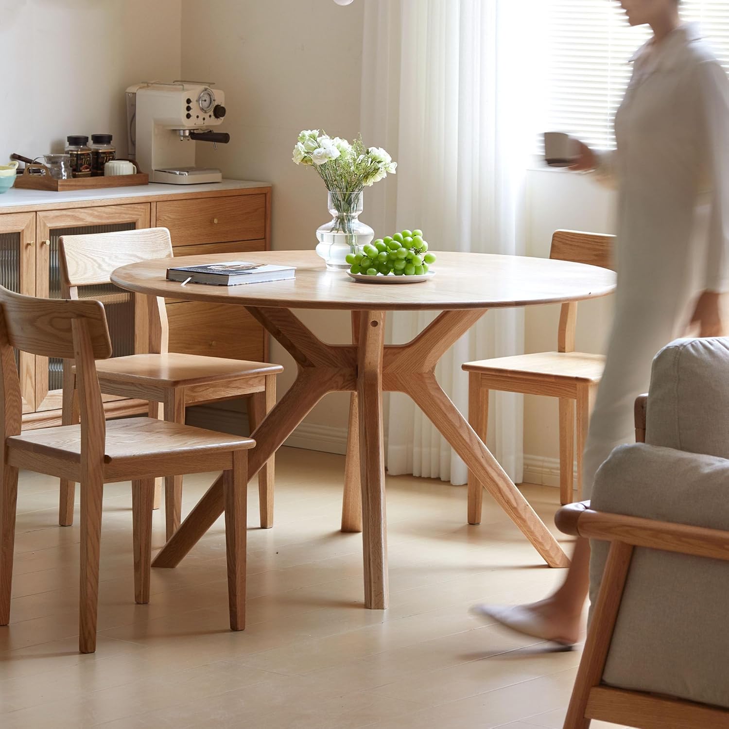 YESWOOD Massivholz Esstisch aus Eiche, runder Tisch 120 cm, 0 Furnier, moderner Küchentisch, runder Esszimmertisch, stabil, Dining Tables für 4-6 Personen, 120x120x74,8 cm, Naturfarbe