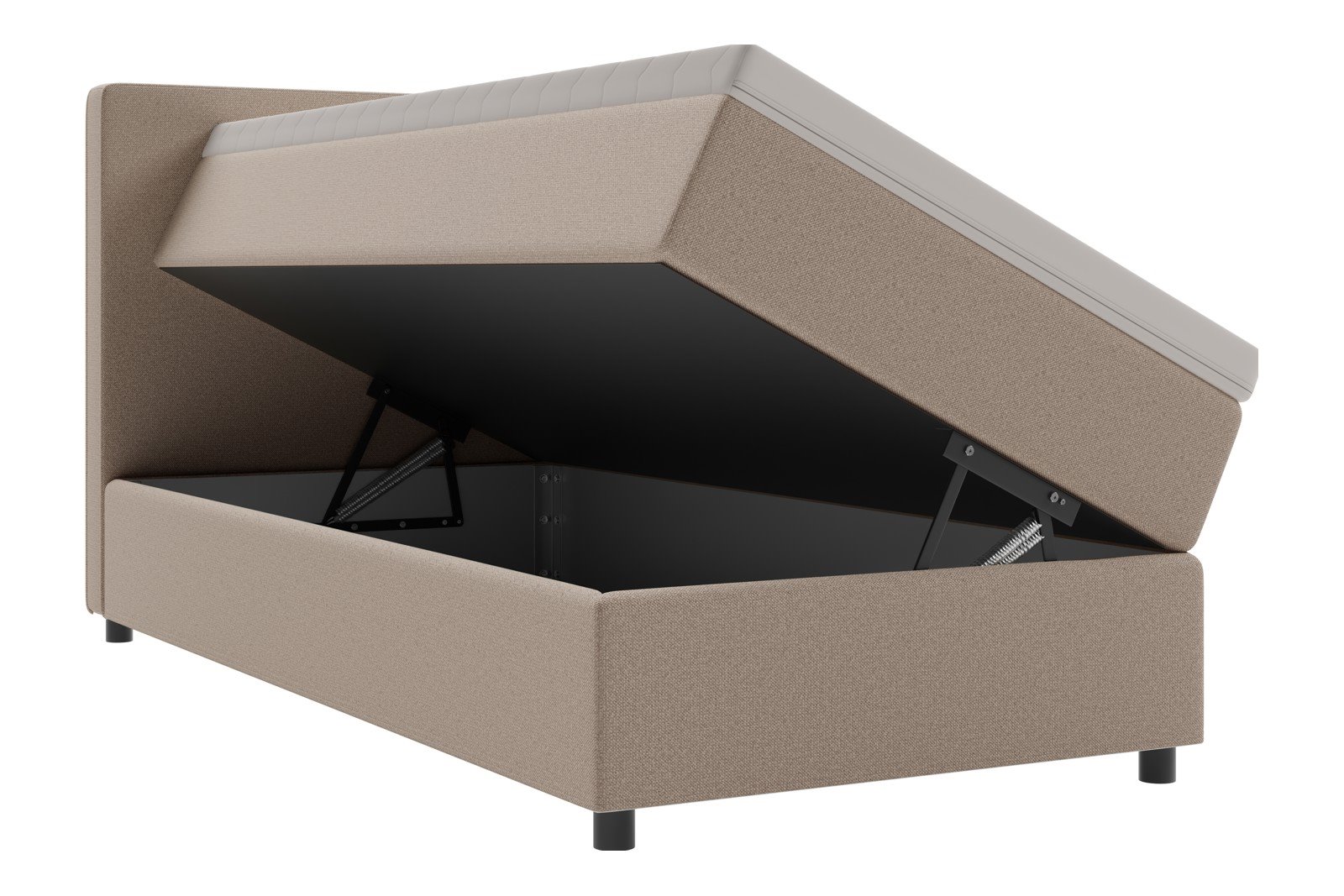 Premium 10 oppbevaringsseng 90x200 cm Magasinseng med oppbevaring, åpnes fra siden. I tekstil storm 06 mørk beige, med medium fasthetsgrad og premium 10 overmadrass, Sorte ben.