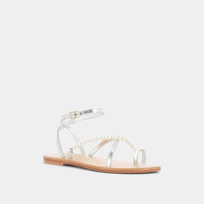 Sandales à brides et perles  en cuir métallisé argent