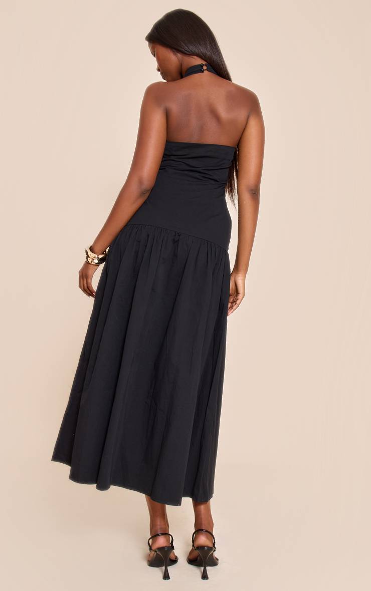 Noir Robe Longue Tissée À Détails Froncés