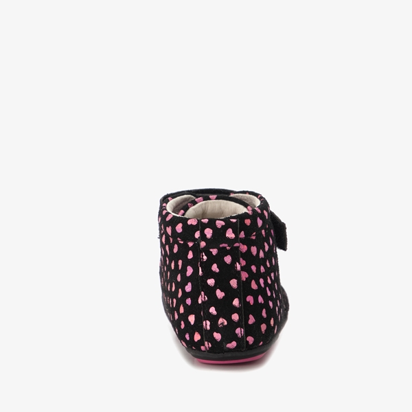 Groot leren babyschoenen zwart met roze hartjes