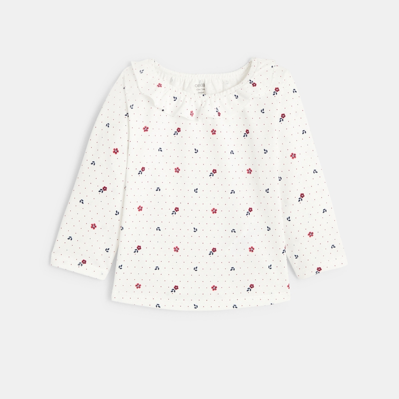 Tee-shirt fleuri col à volants rose bébé fille