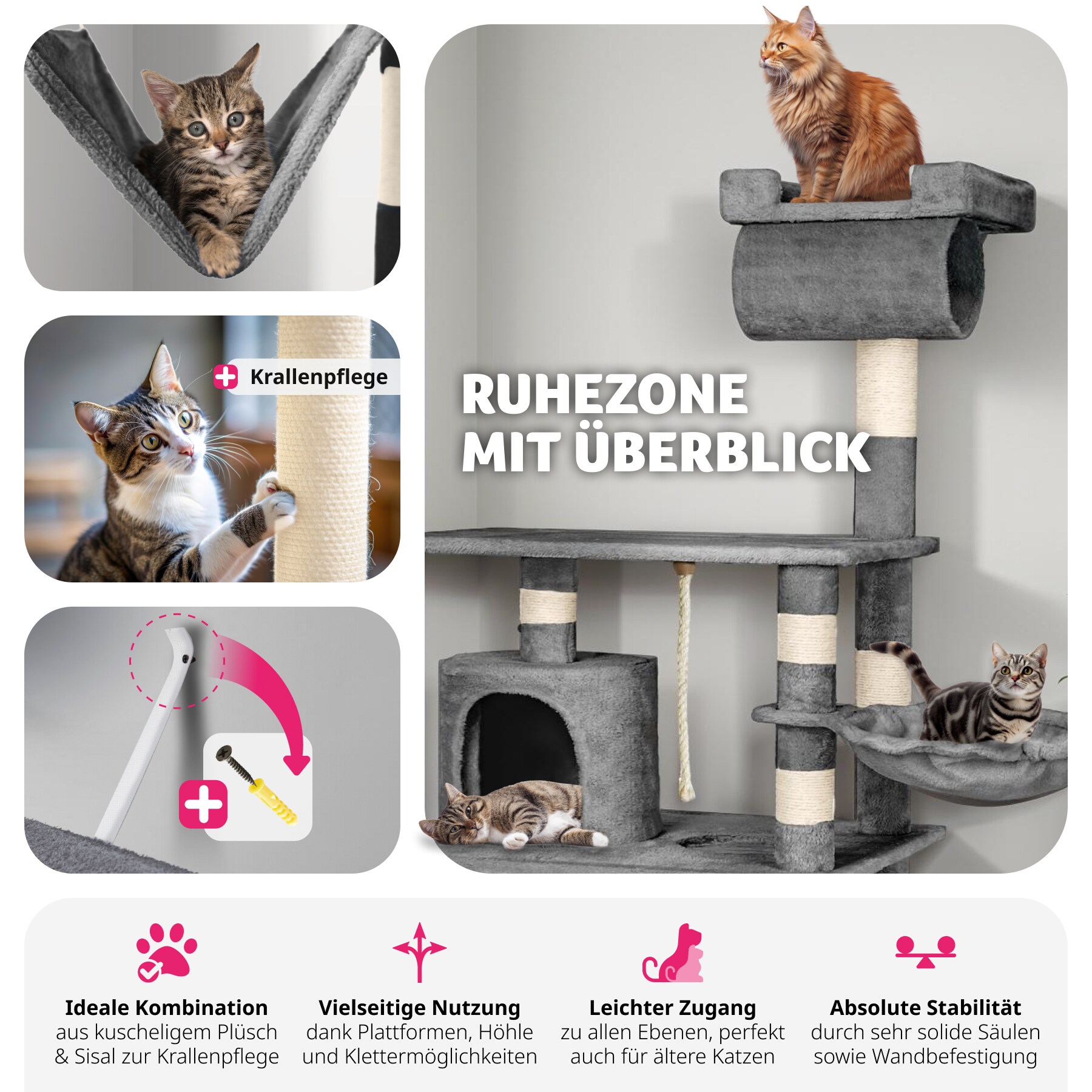 tectake® Kratzbaum, 141 cm, mit Katzenhaus, inklusive Spielkordel und Kippschutz