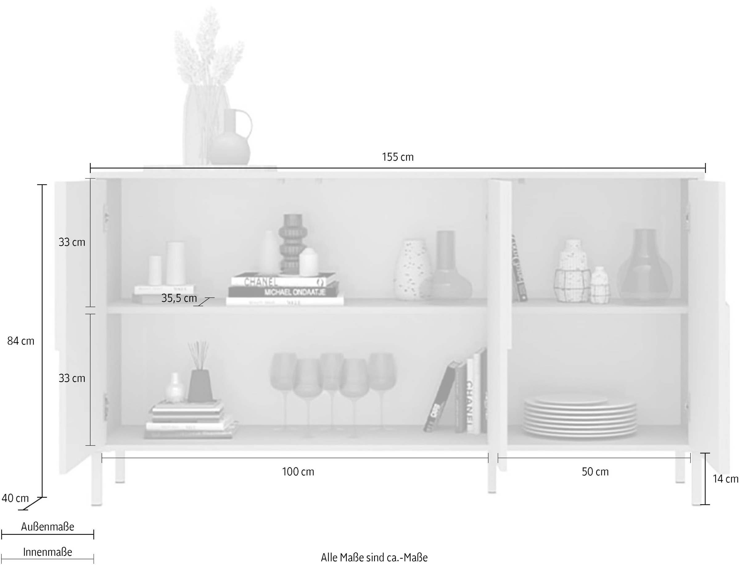 INOSIGN Sideboard »Stone, 155 cm breit, 3 Türen, Anrichte, Kommode, Stauraumschrank« 3D-Design, Push-to-open, Innenraum grosszügig, Füsse 14/2 cm wählbar
