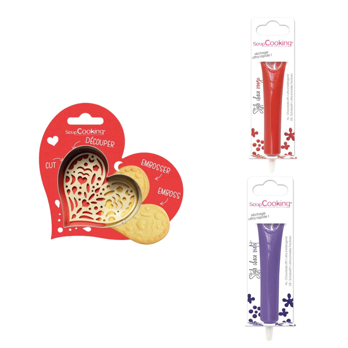 Kit pour biscuit en relief Coeur + 2 Stylos au chocolat rouge et viole