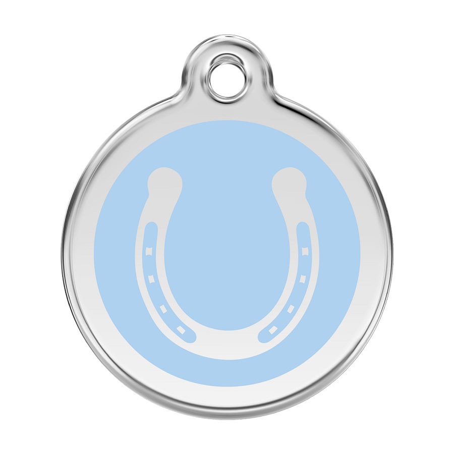 Placa de identificação para cães em aço inoxidável esmaltado azul claro com formato de ferradura