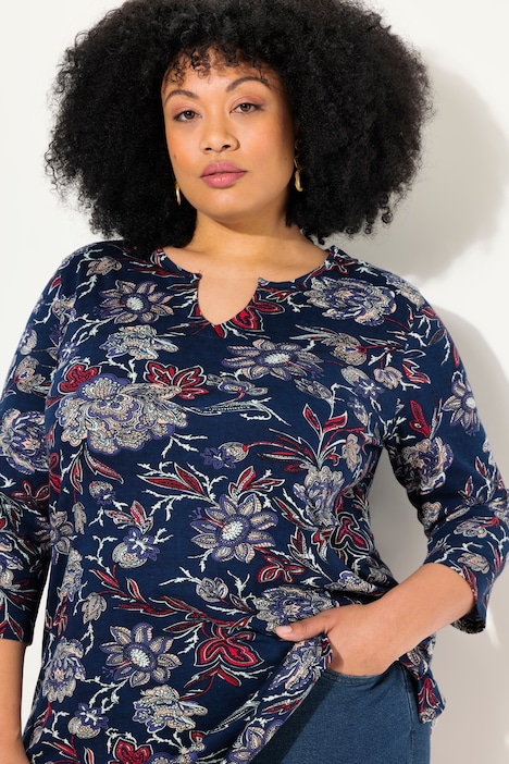Longshirt, Blüten, A-Linie, Tunika-Ausschnitt, 3/4-Arm
