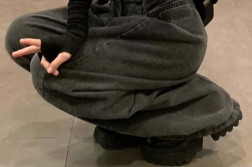 Kloitrinm - High Waist Washed Baggy Jeans