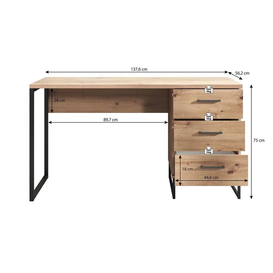 Meubella - Bureau Saturn - Eiken - Zwart - 138 cm