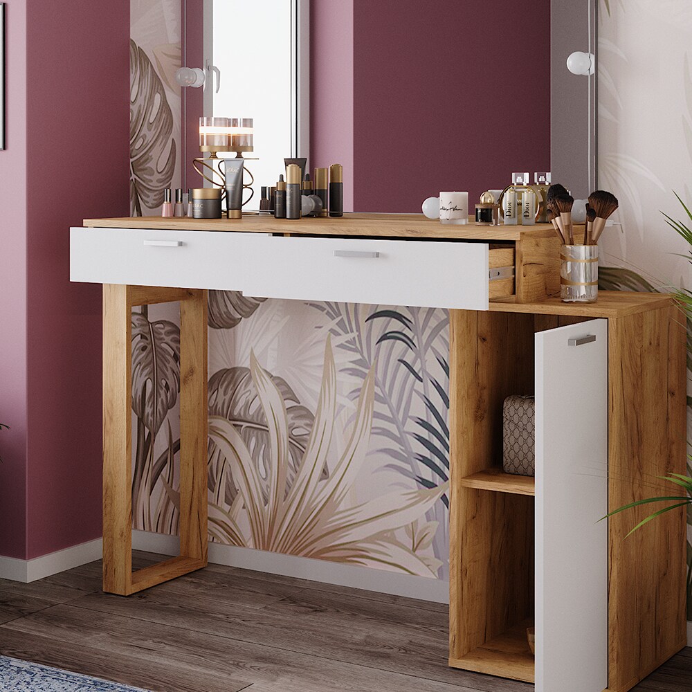 Vicco Schminktisch Regina Eiche Weiß 130 cm mit Spiegel und Beleuchtung