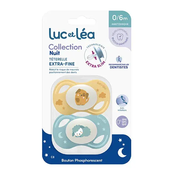 Luc et Léa Collection 2 Sucettes Nuit Anatomique Tétine Extra-slim 0-6 mois Chien Mouton