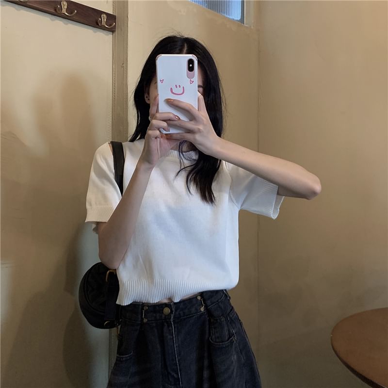 Shinsei - Kort mouwloos, schouderloos, effen gebreide crop top