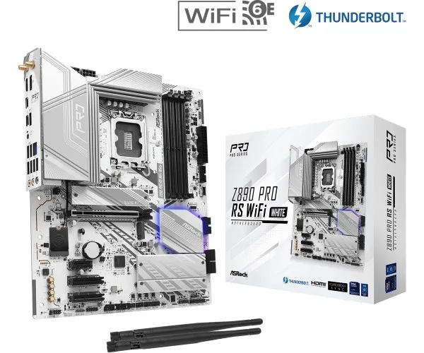 ASRock Z890 Pro RS WiFi White - Bundkort - ATX - LGA1851 sokkel - Z890 Chipset - USB4, USB-C 3.2 Gen 2x2, USB 3.2 Gen 2, USB 3.2 Gen 1 - 2.5 Gigabit LAN, Bluetooth, Wi-Fi 6E - onboard grafik (CPU påkrævet) - HD Audio (8-kanaler)