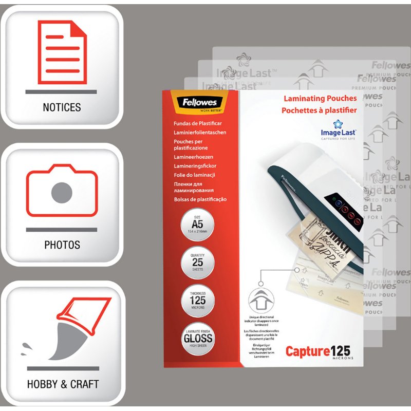Pochettes de plastification Fellowes A5 2 x 125 µ brillantes - Boite de 25