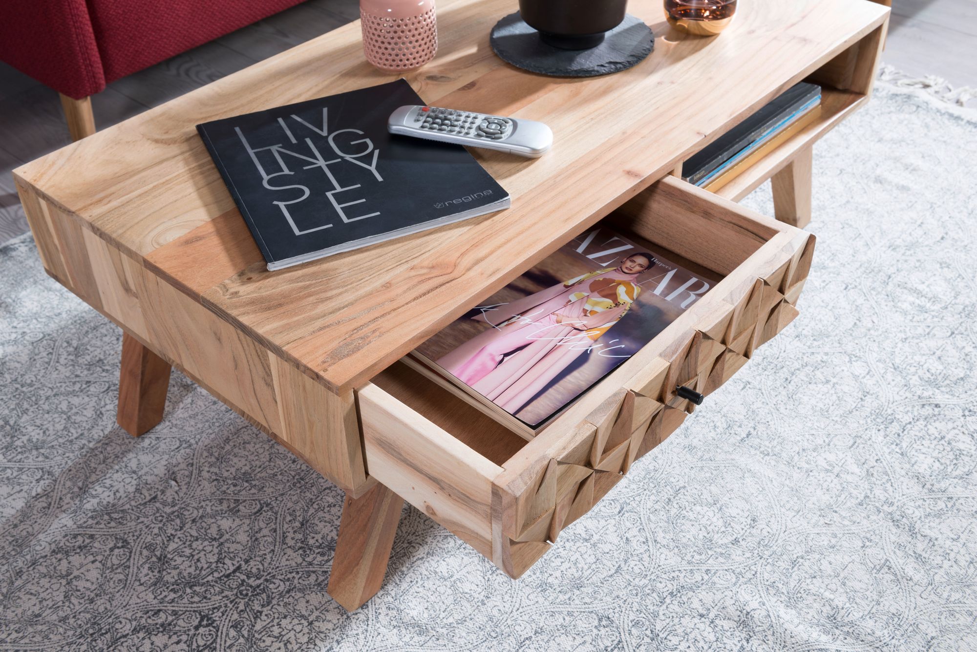 KADIMA DESIGN Moderner Landhaus-Stil Couchtisch, massives Holz, Schublade, Ablagefach, 95x35x50 cm