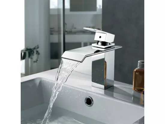 Robinet Salle de Bain Cascade Robinet de Lavabo en Laiton Mitigeur de Salle de Bain Chromé Forme Carré